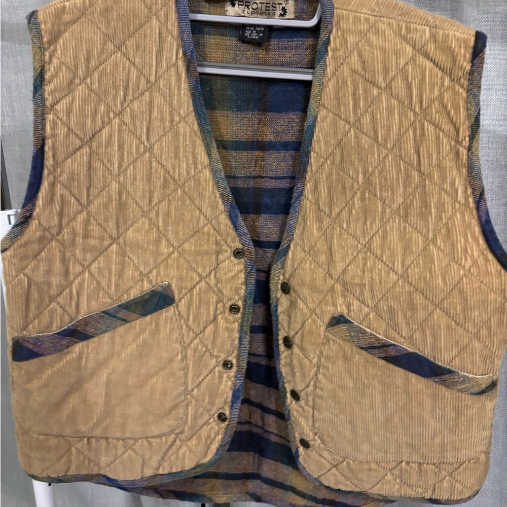 Protest Tan Quilted Vest with Blue Plaid Interior
